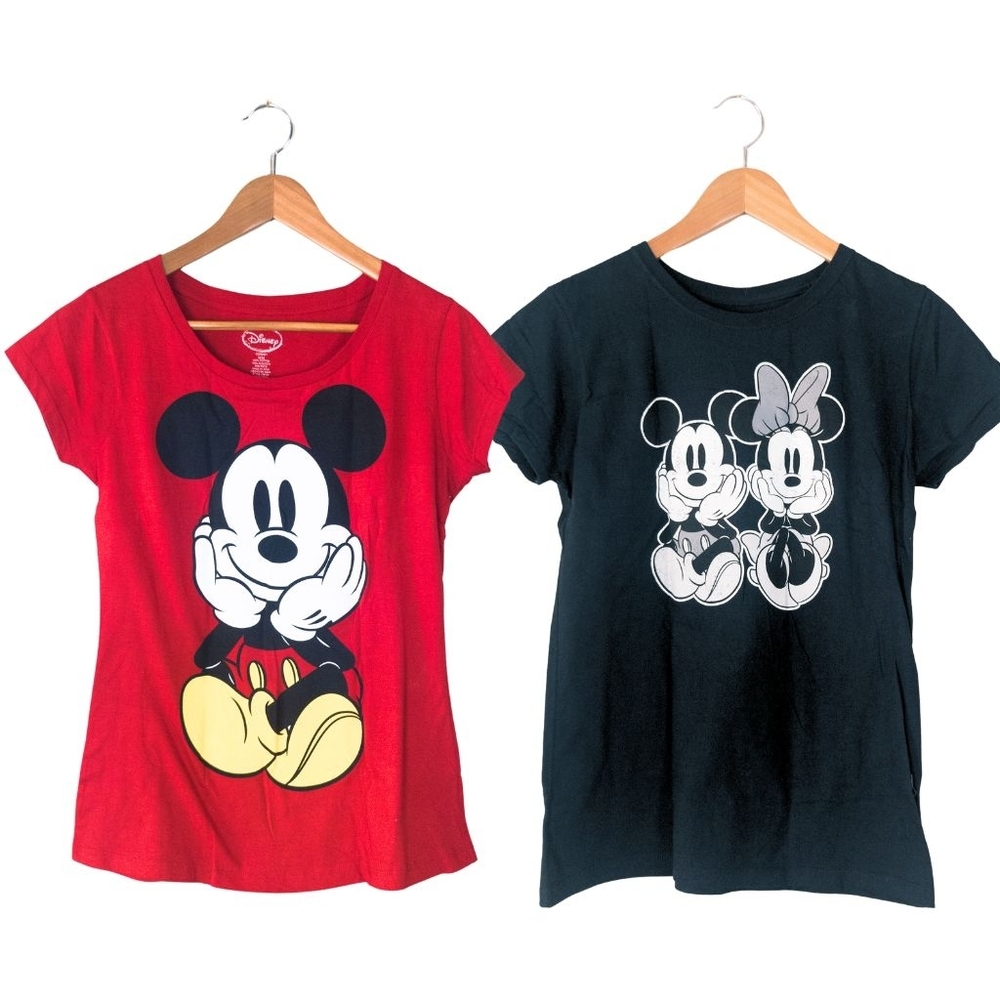 2 Disney Mickey & Minnie Front and Back Graphic T-Shirt Bundle - Sizes Medium